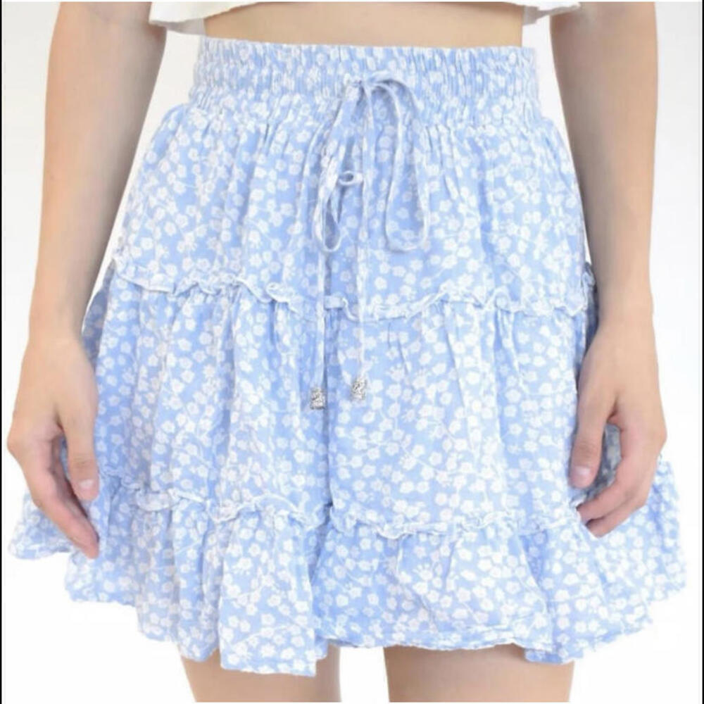PRINCESS POLLY blue floral ruffle mini skirt